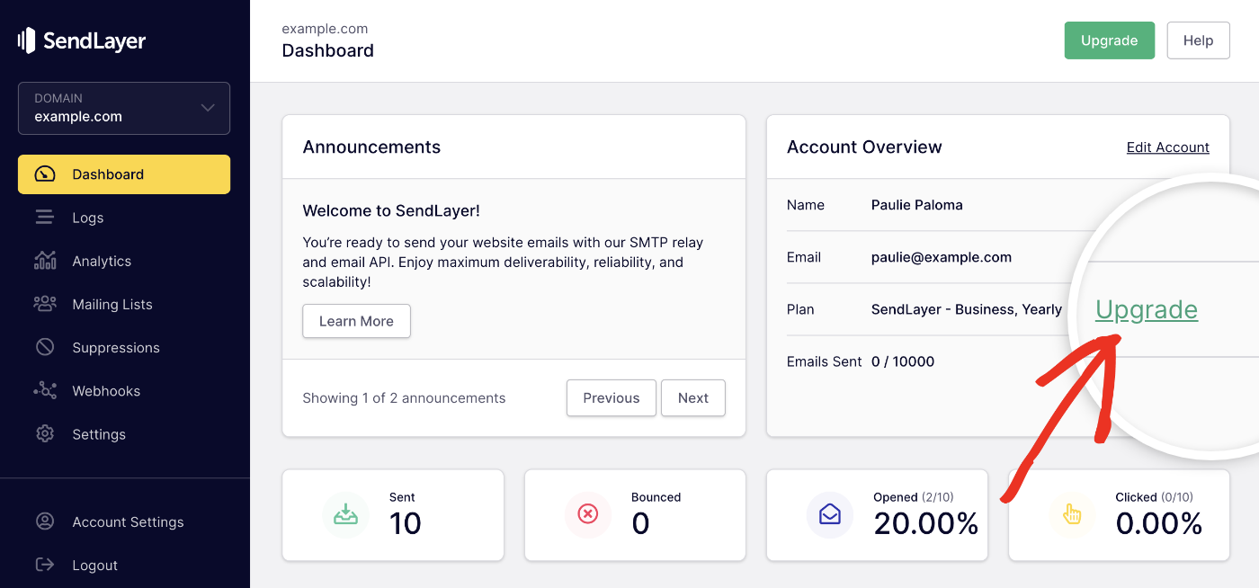 Clicking on the Upgrade link in the Account Overview section of the SendLayer dashboard