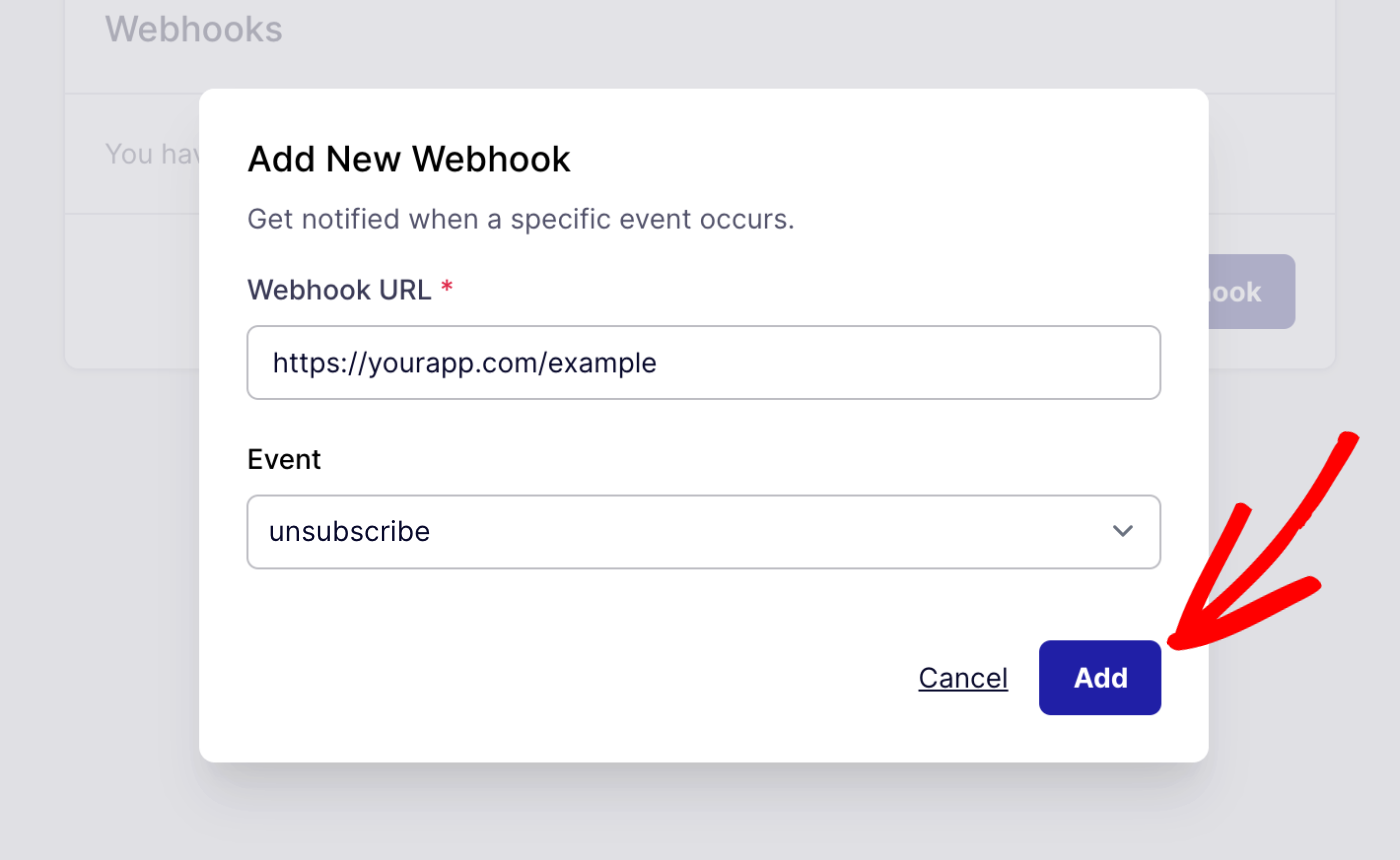 click add button to add webhook