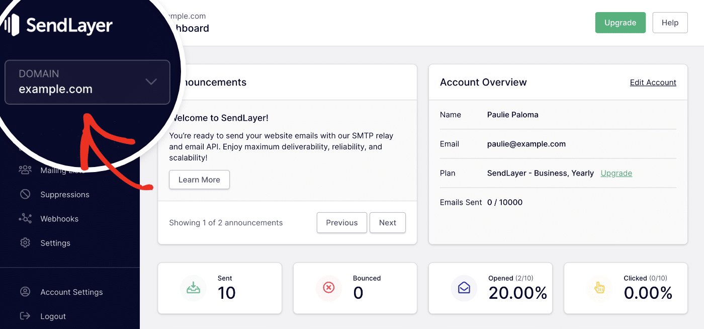 Selecting a domain from your SendLayer account