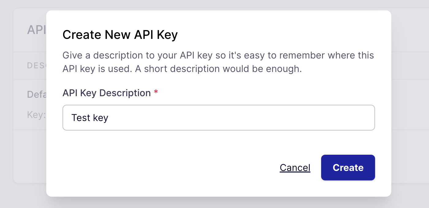 Entering a description for a new API key