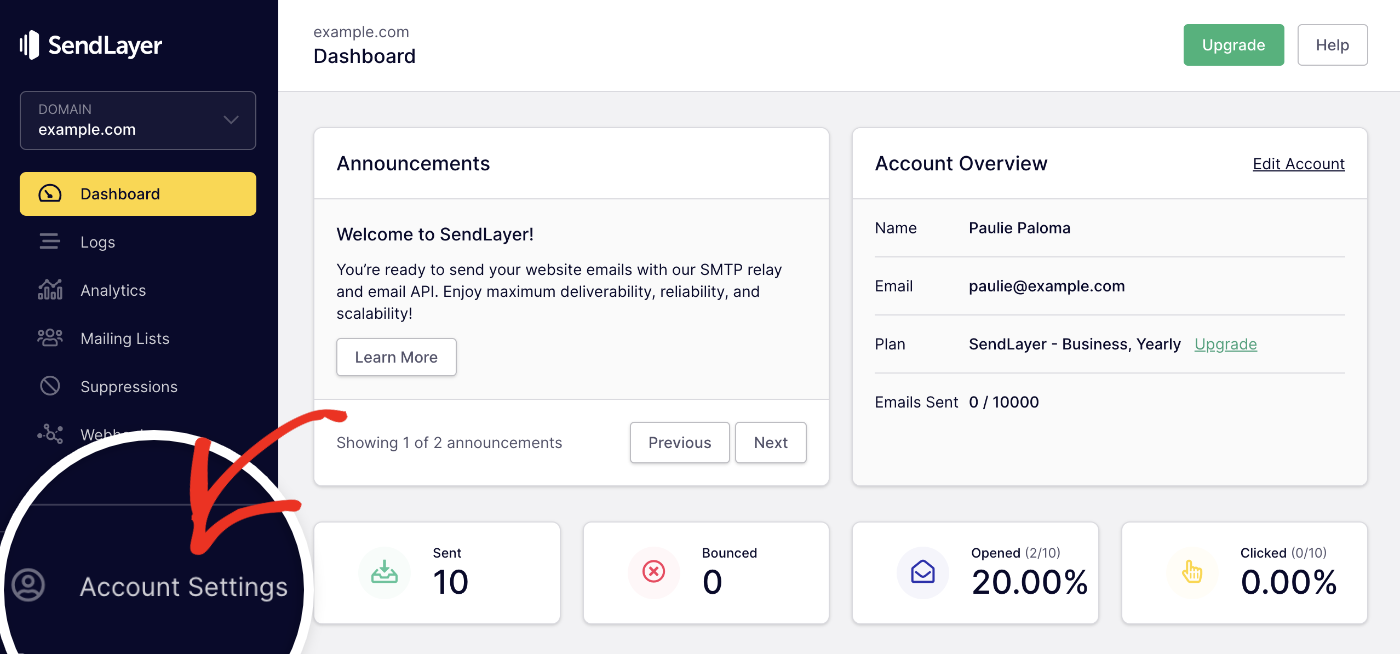 Opening the SendLayer account settings