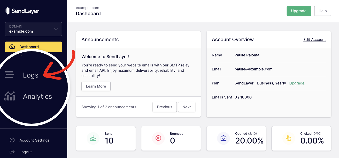 Opening the Logs page from the SendLayer dashboard