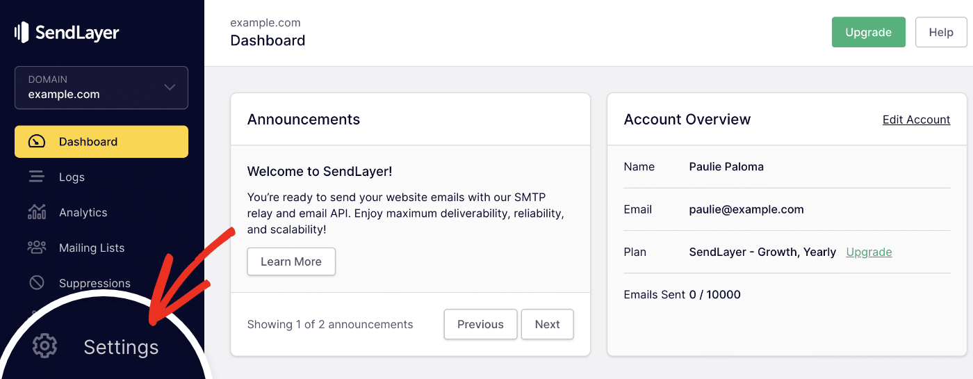 Opening the SendLayer settings from the dashboard menu