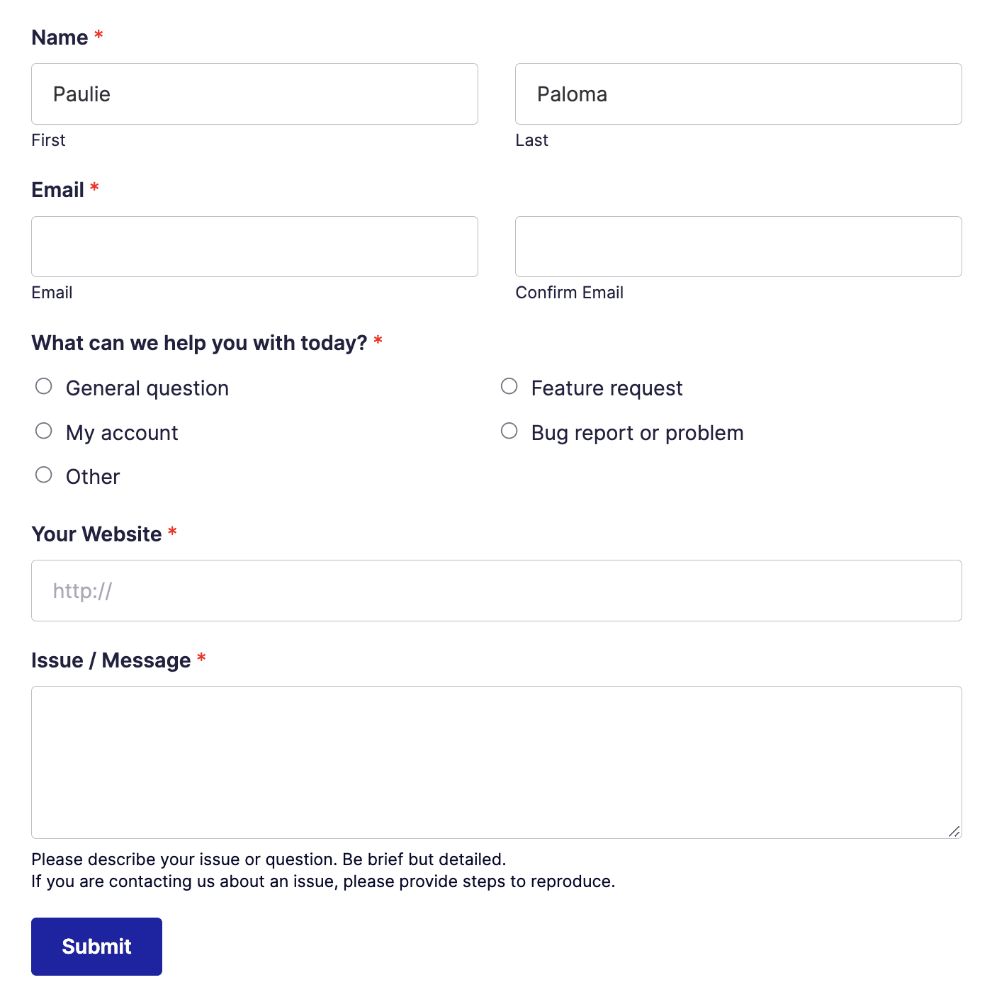 The support ticket request form