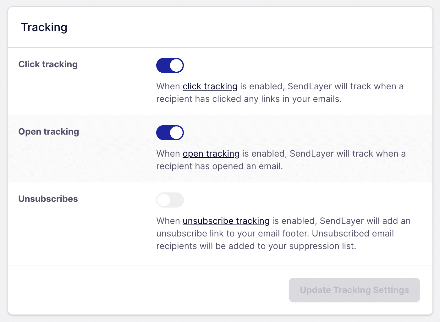 The tracking settings in SendLayer