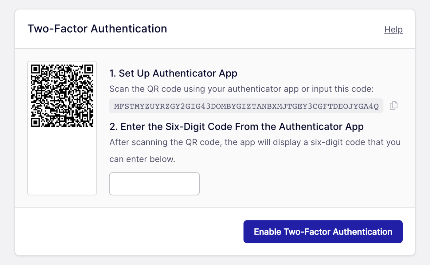 two factor authentication section