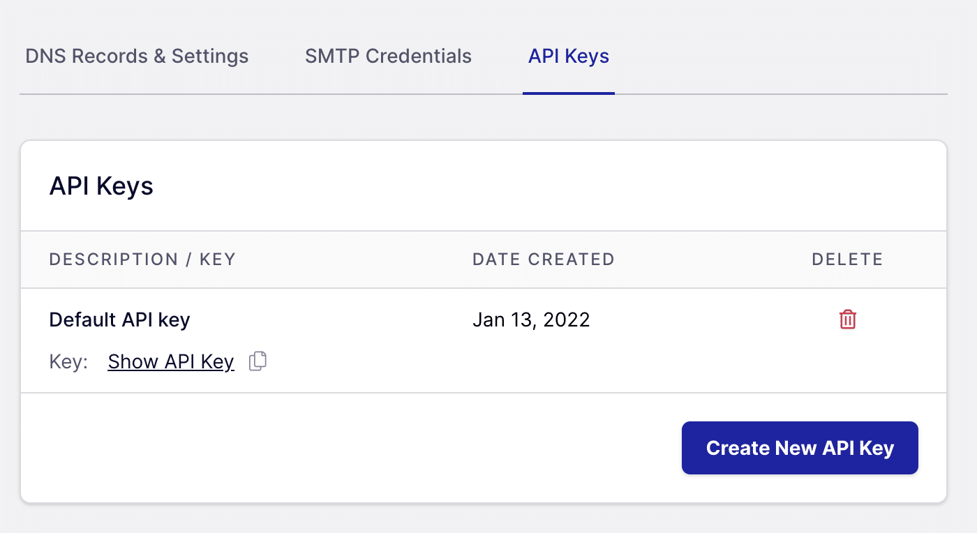 The API Keys section of the Settings screen