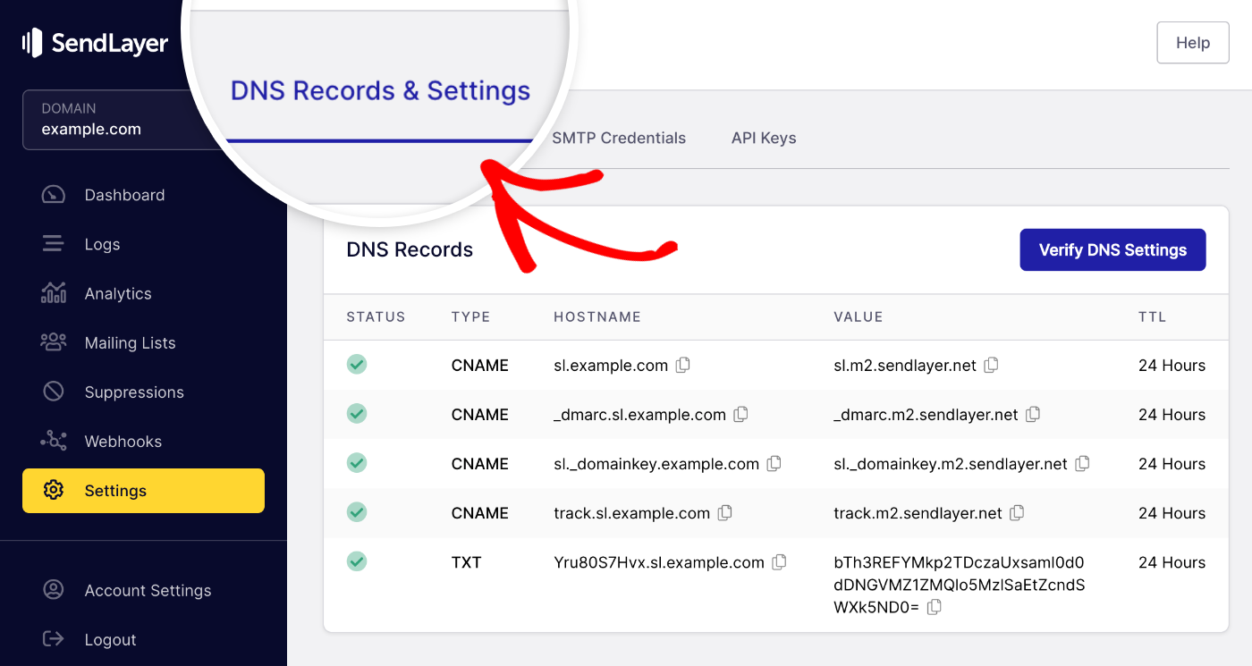 DNS records and settings tab