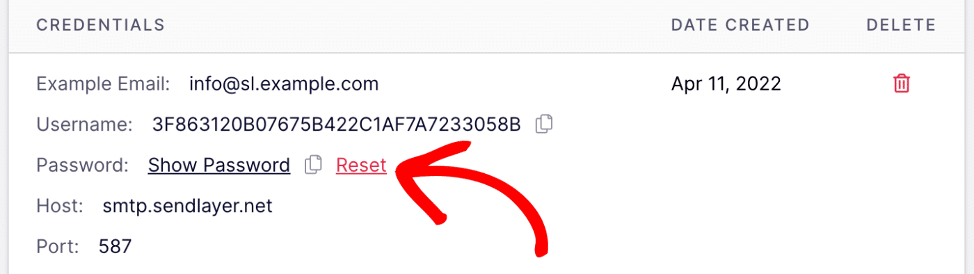 click to reset SMTP password
