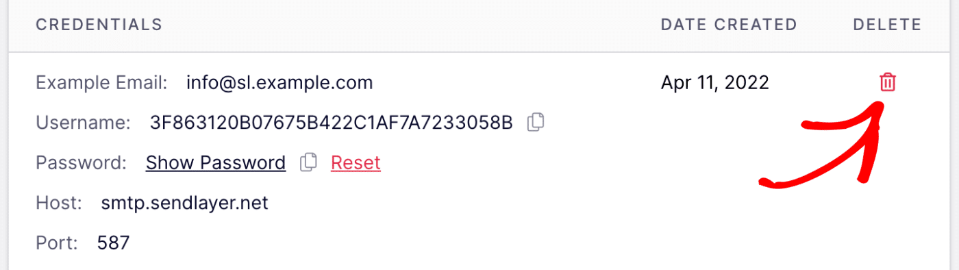 click trash icon to delete SMTP credentials