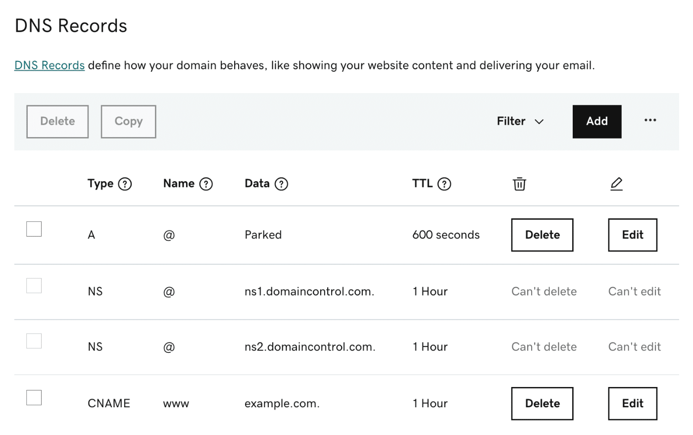 DNS records in GoDaddy