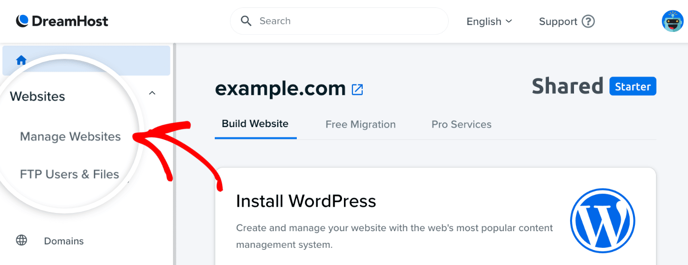 click manage websites menu option