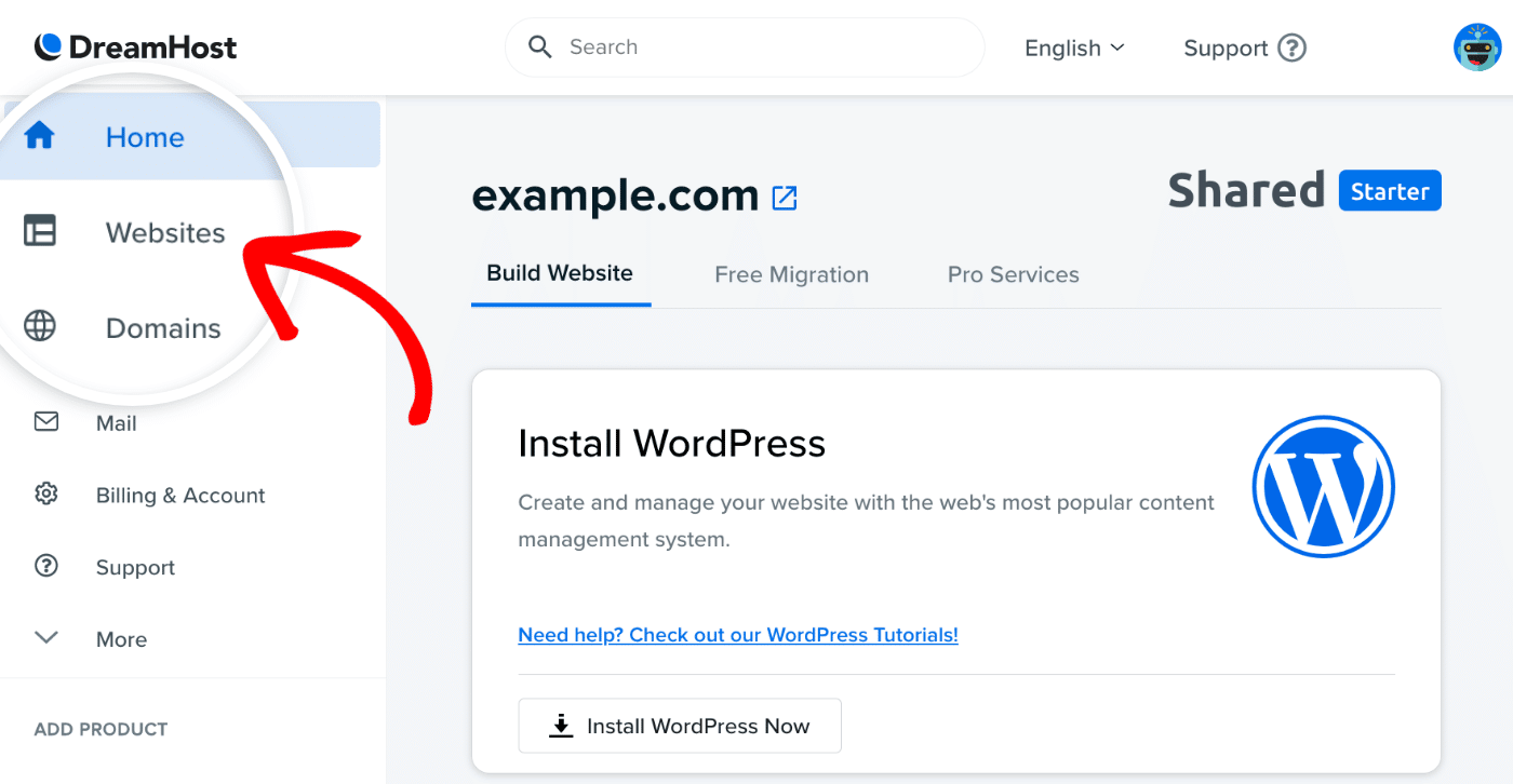 click websites menu option