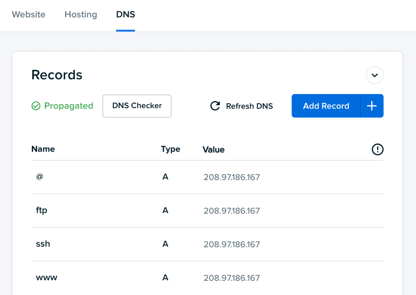 dreamhost dns records table view