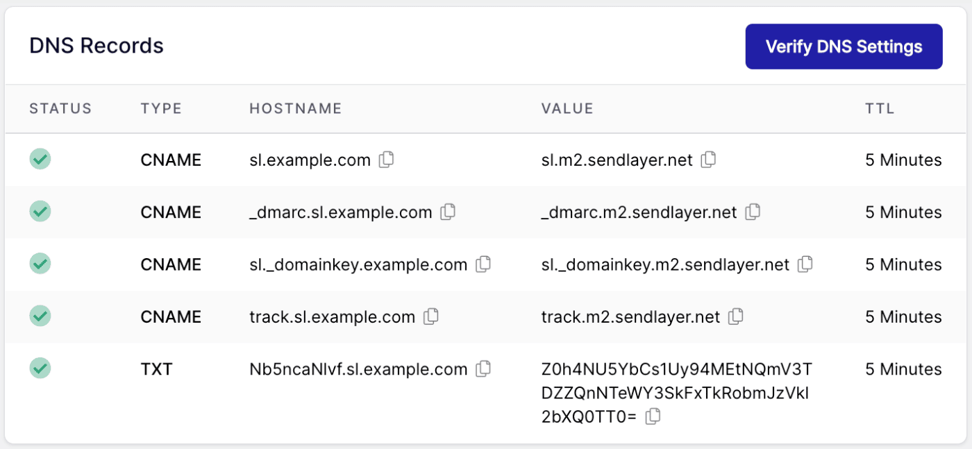 SendLayer DNS records showing email subdomain