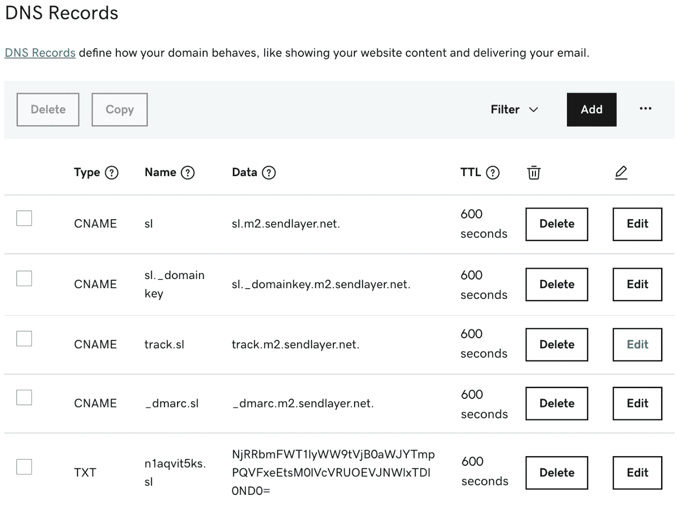 SendLayer DNS records added to GoDaddy