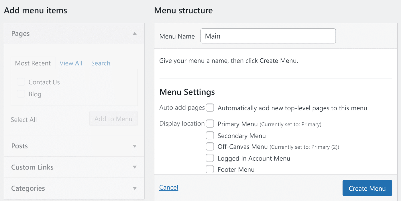 WordPress menu structure