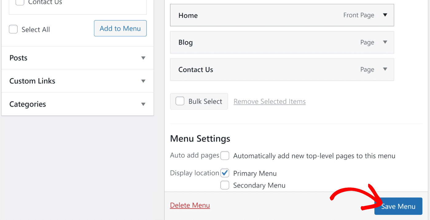 Select WordPress primary menu