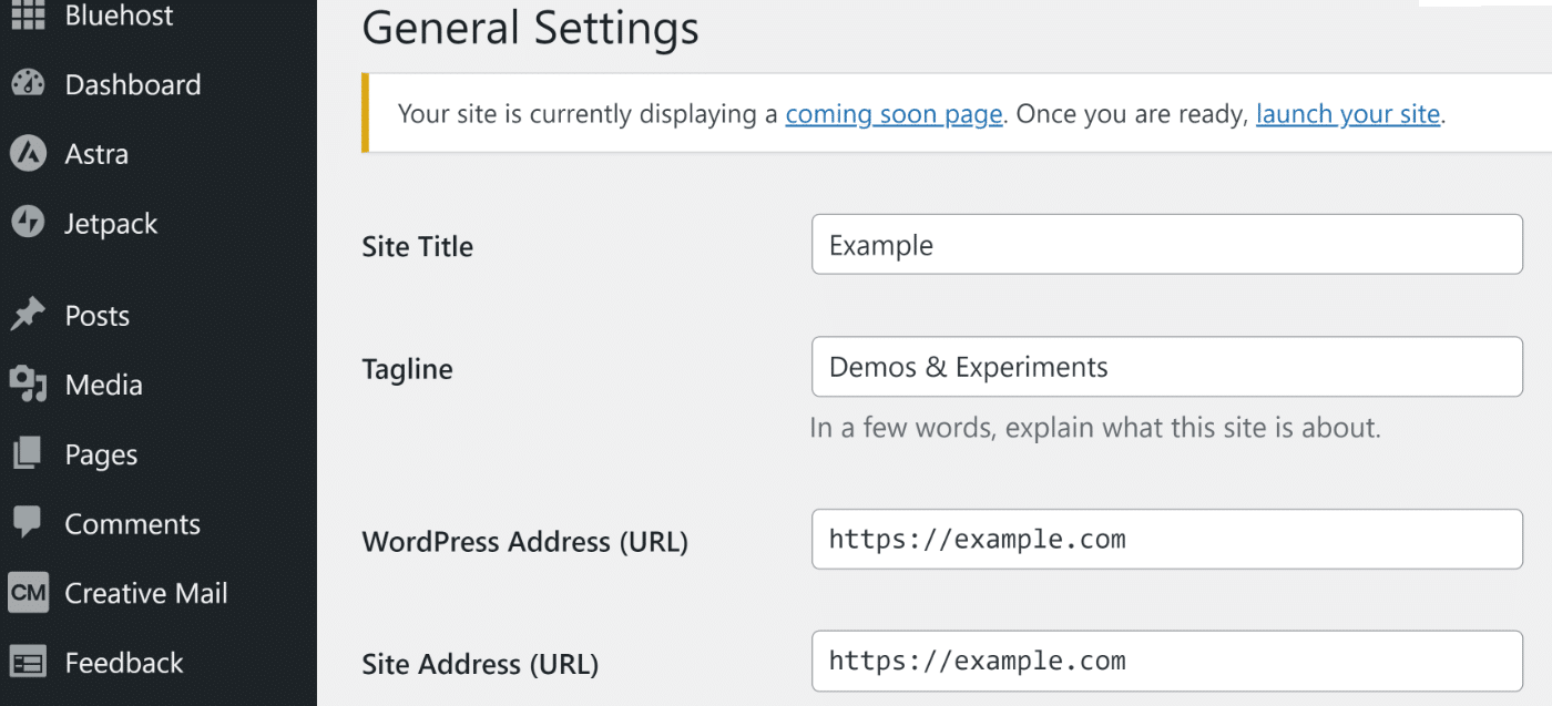 WordPress general settings