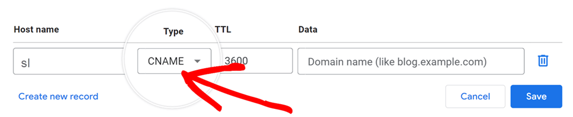 Selecting DNS record type in Google Domains