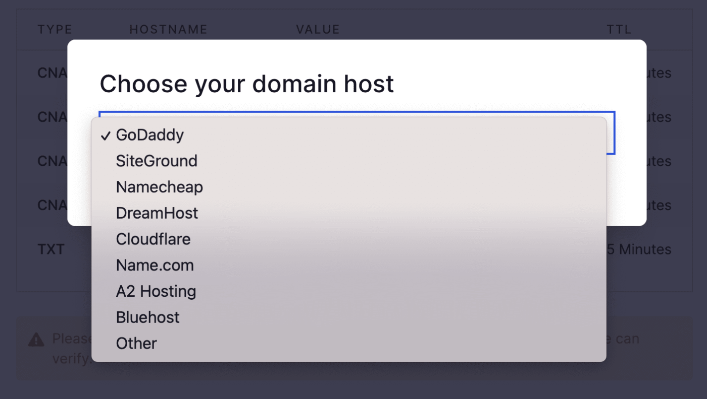 Choose your domain host dropdown