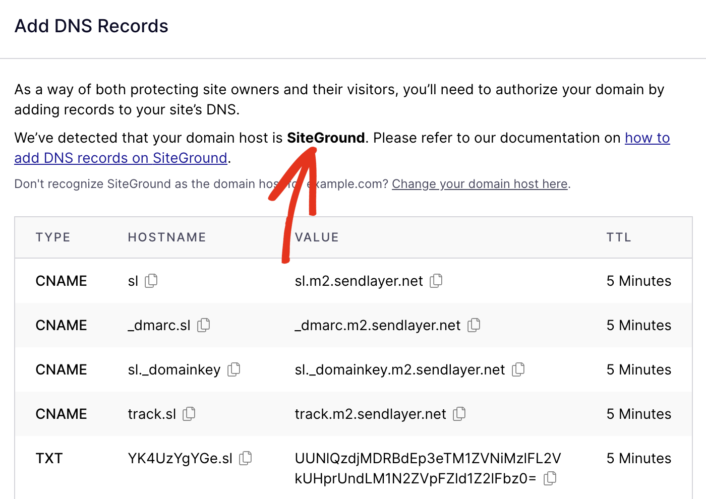 SiteGround DNS records