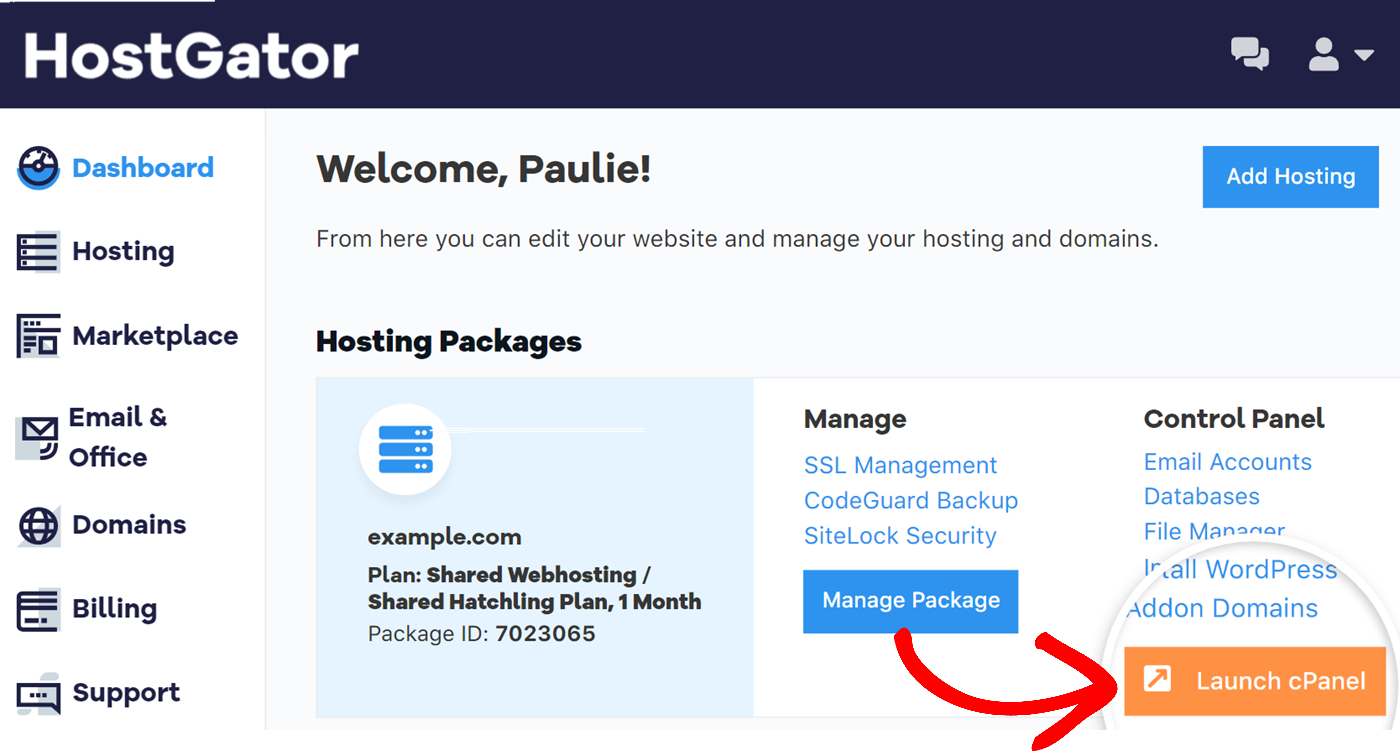 Launch cPanel button from HostGator dashboard