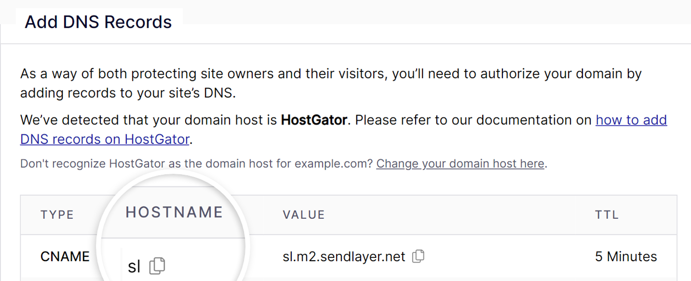 SendLayer DNS records for HostGator