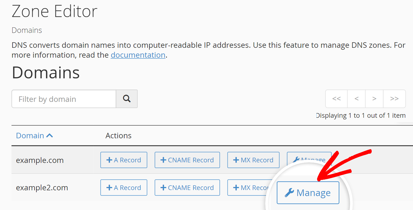 Click Manage button for a domain in Zone Editor 