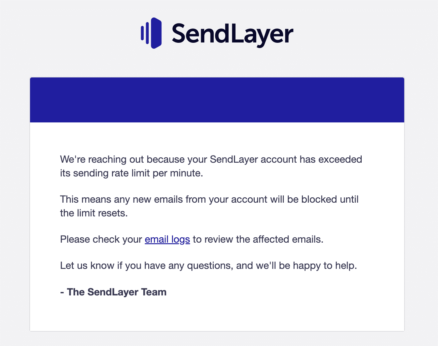 SendLayer per minute rate limit email notification