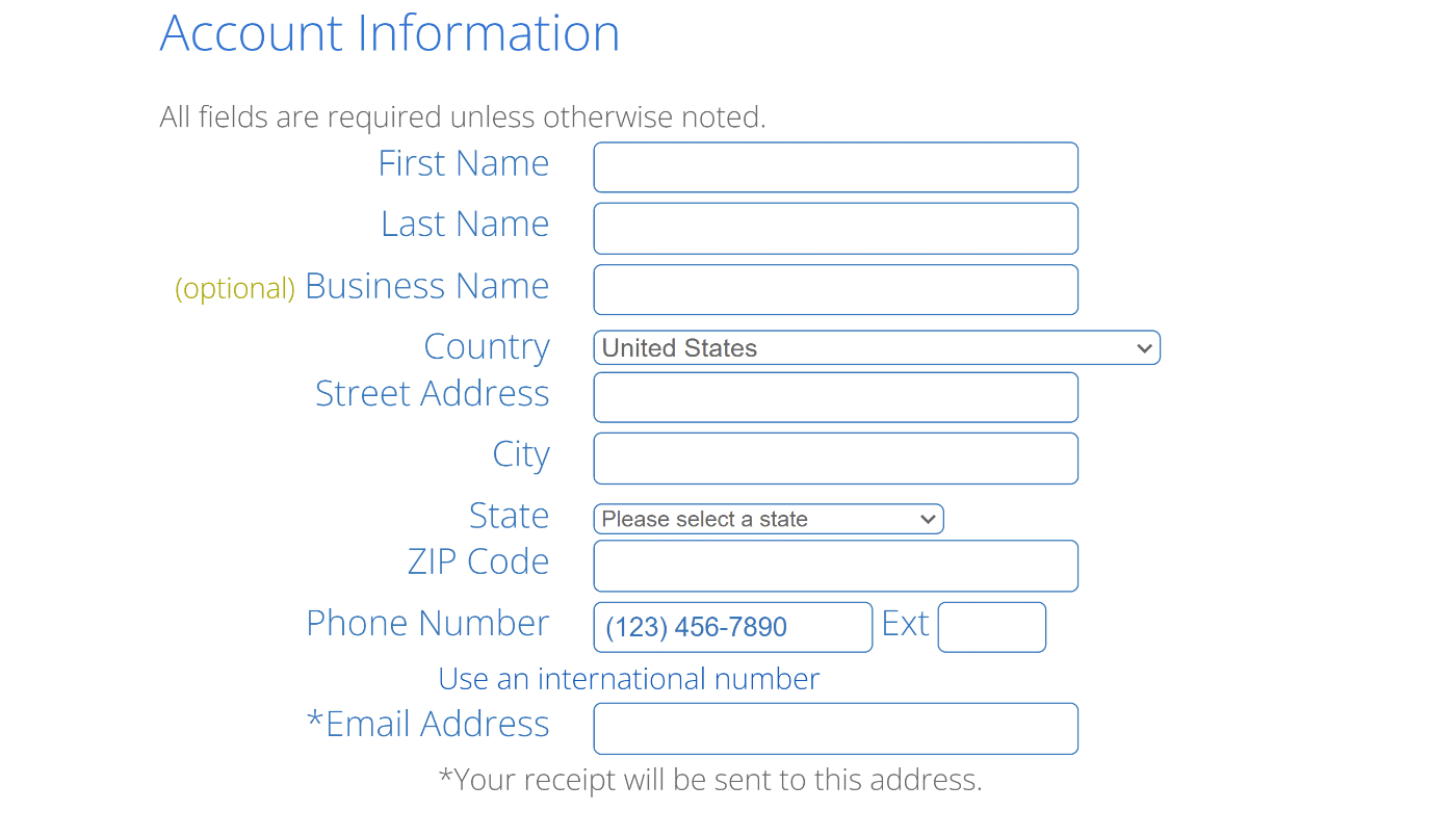 Bluehost account information