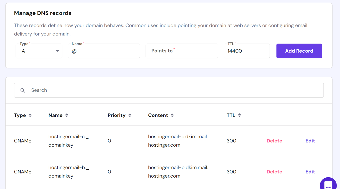 DNS records in Hostinger