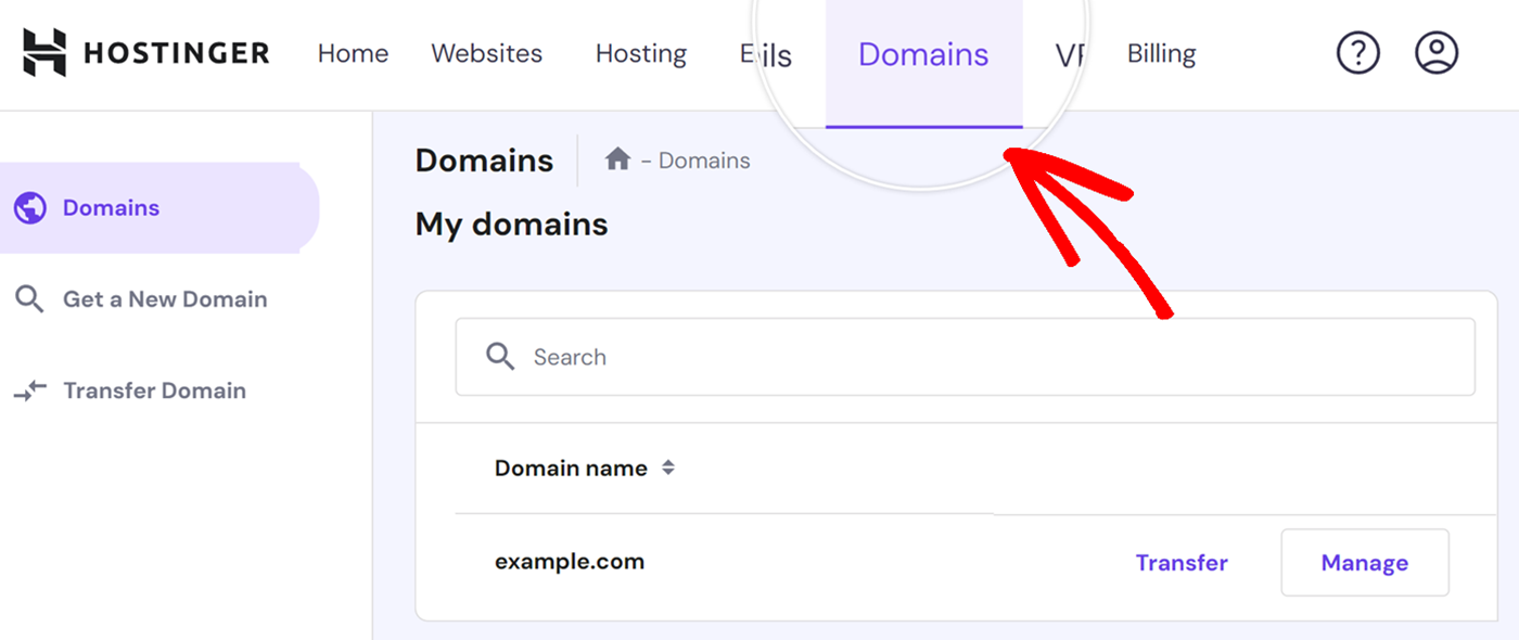 Click Domains in Hostinger