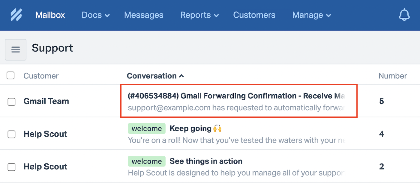 Gmail forwarding confirmation in Help Scout inbox