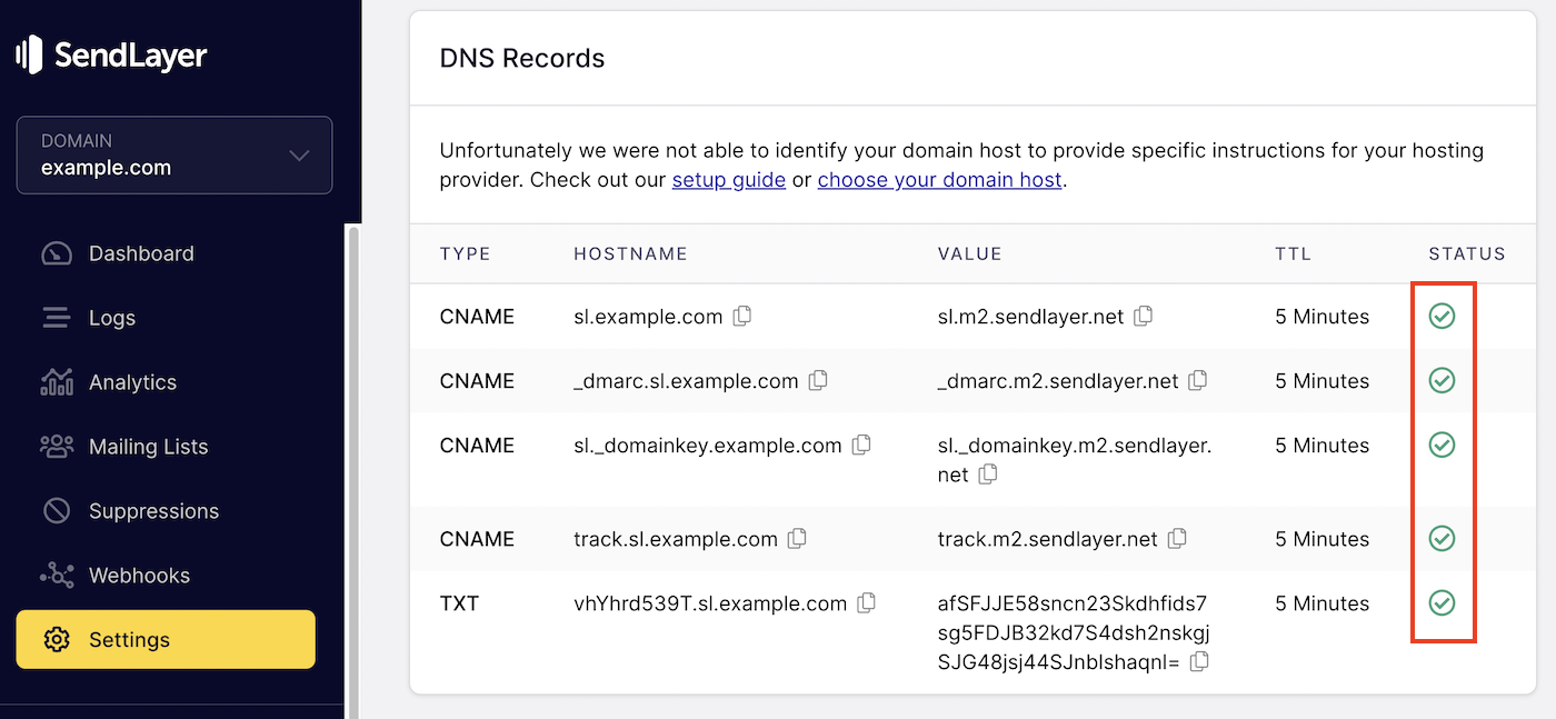 SendLayer DNS records