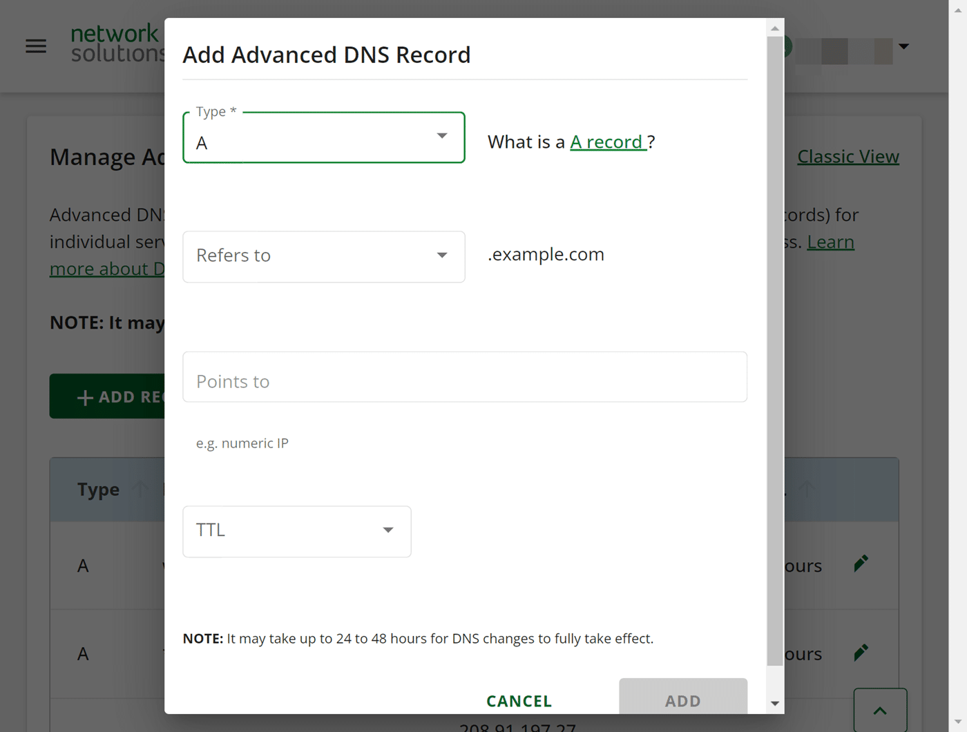 Add DNS records popup