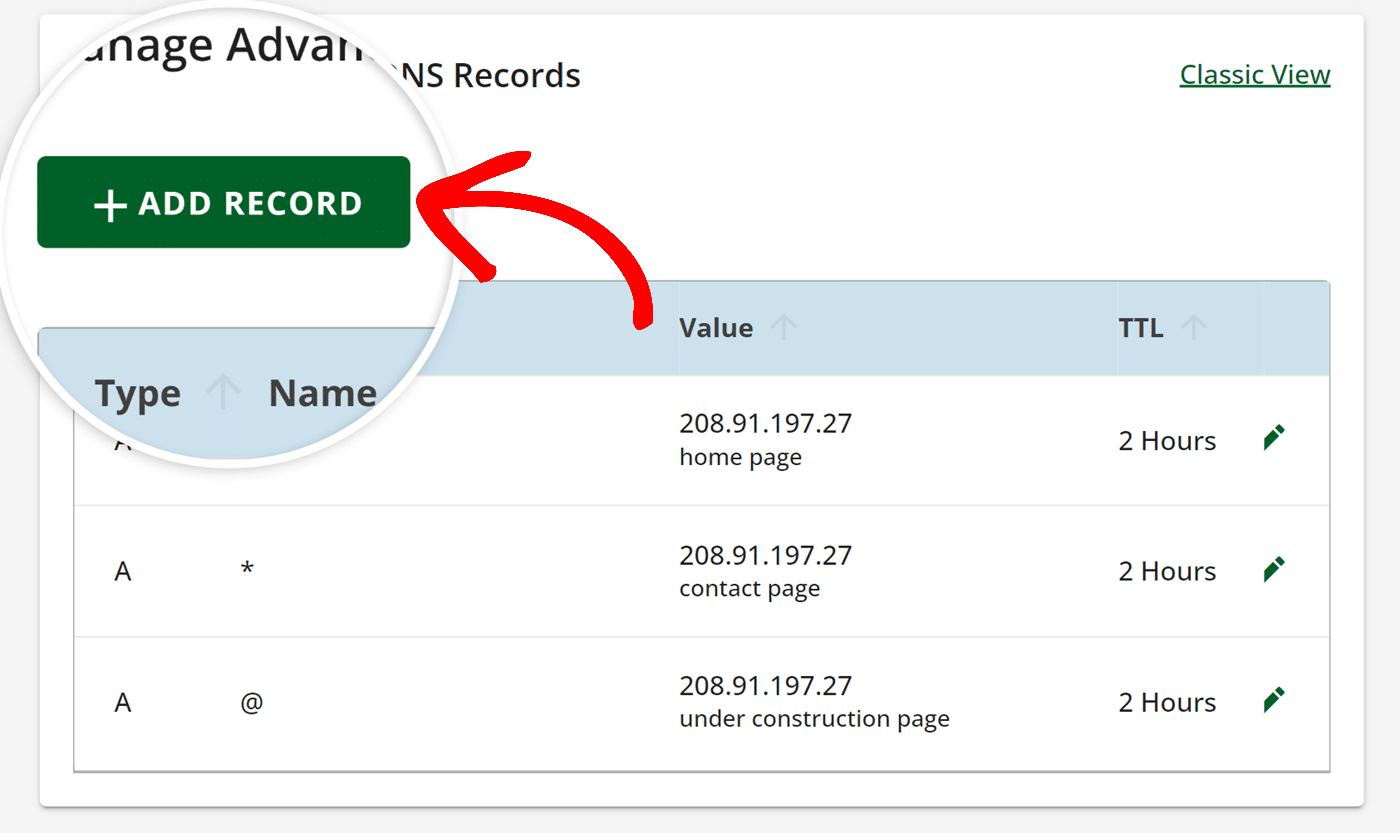 Add Record button in Network Solutions