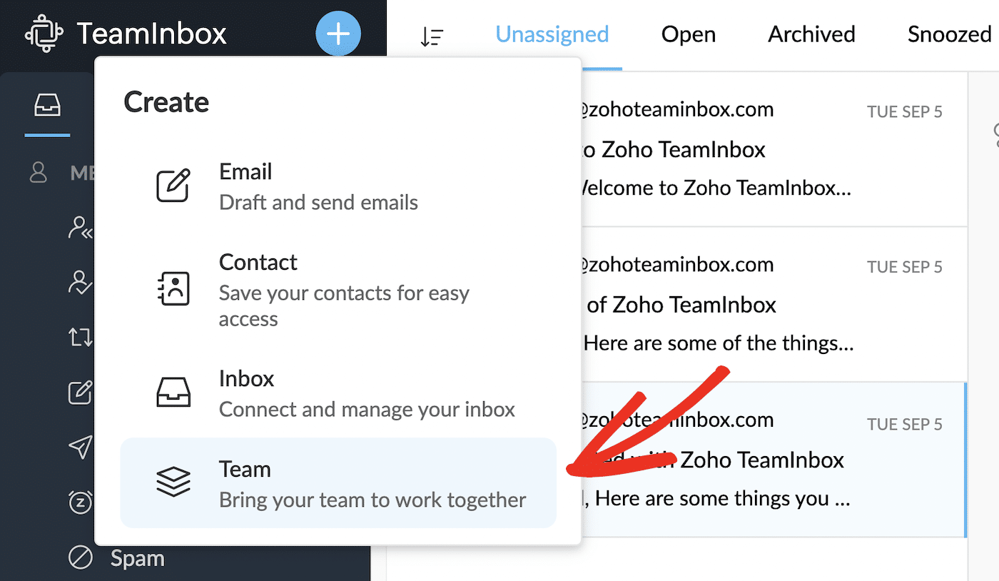 Add team to Zoho TeamInbox