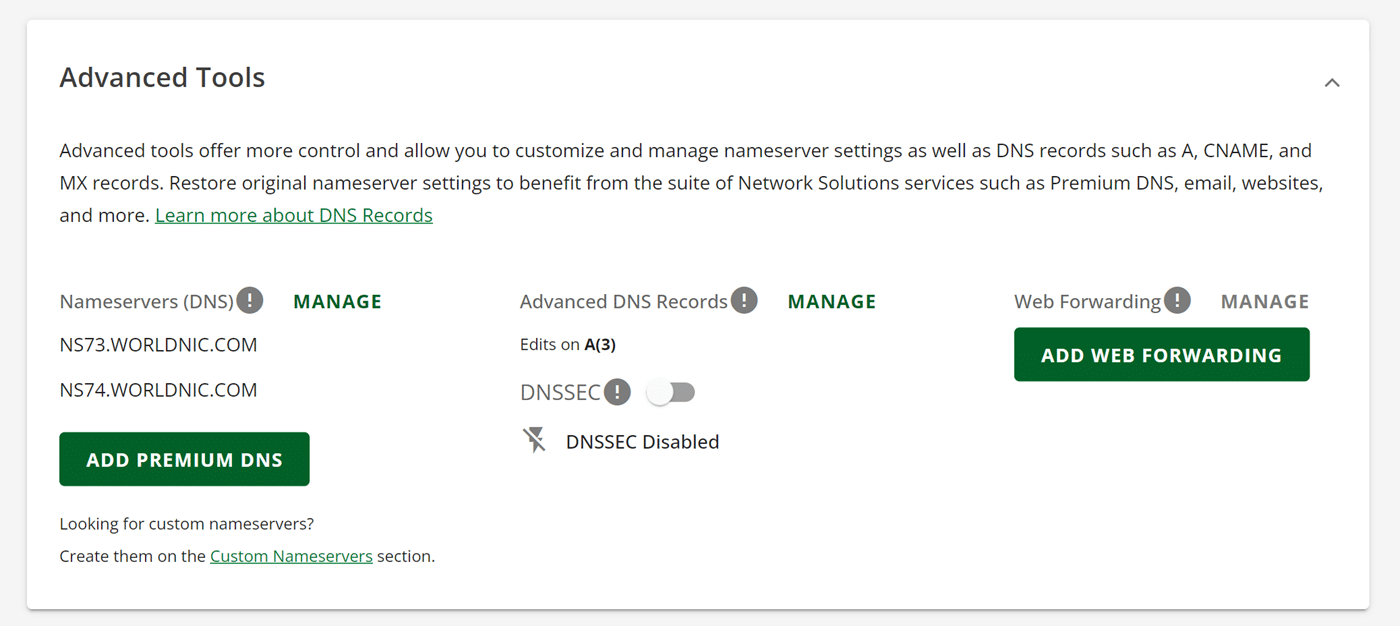 Advanced tools section in Network Solutions