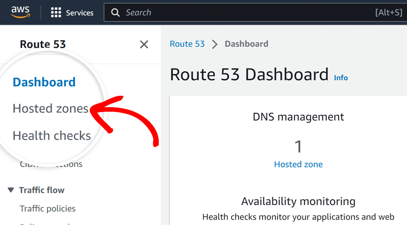Click Hosted zones from Amazon Route 53 dashboard
