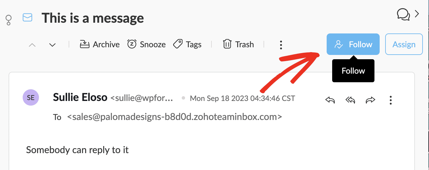 Follow message thread in Zoho TeamInbox