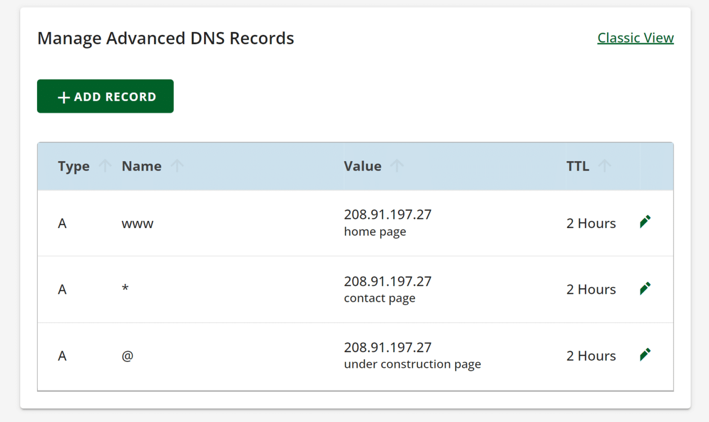 DNS records page