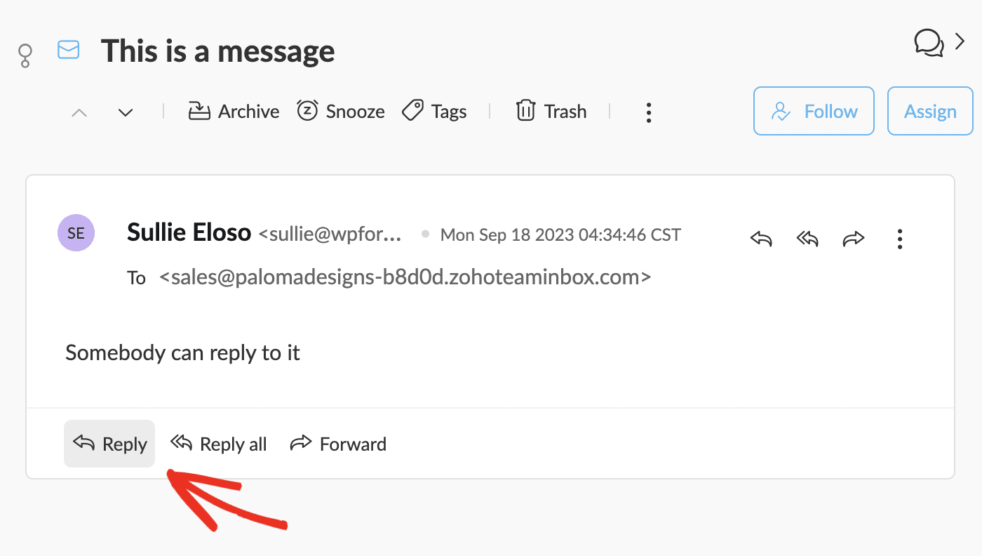 Reply to message in Zoho TeamInbox