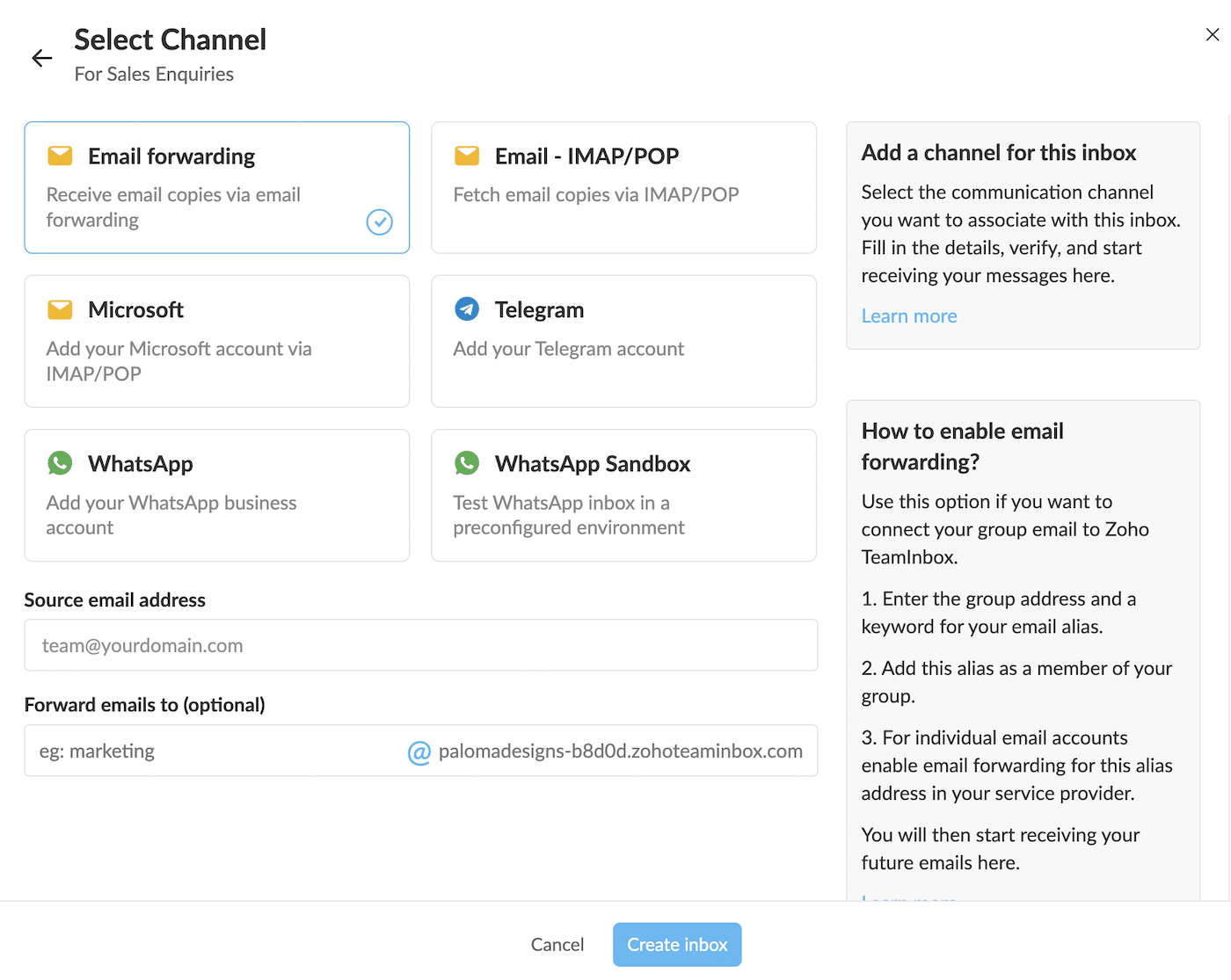 Select channel for source of messages in Zoho TeamInbox