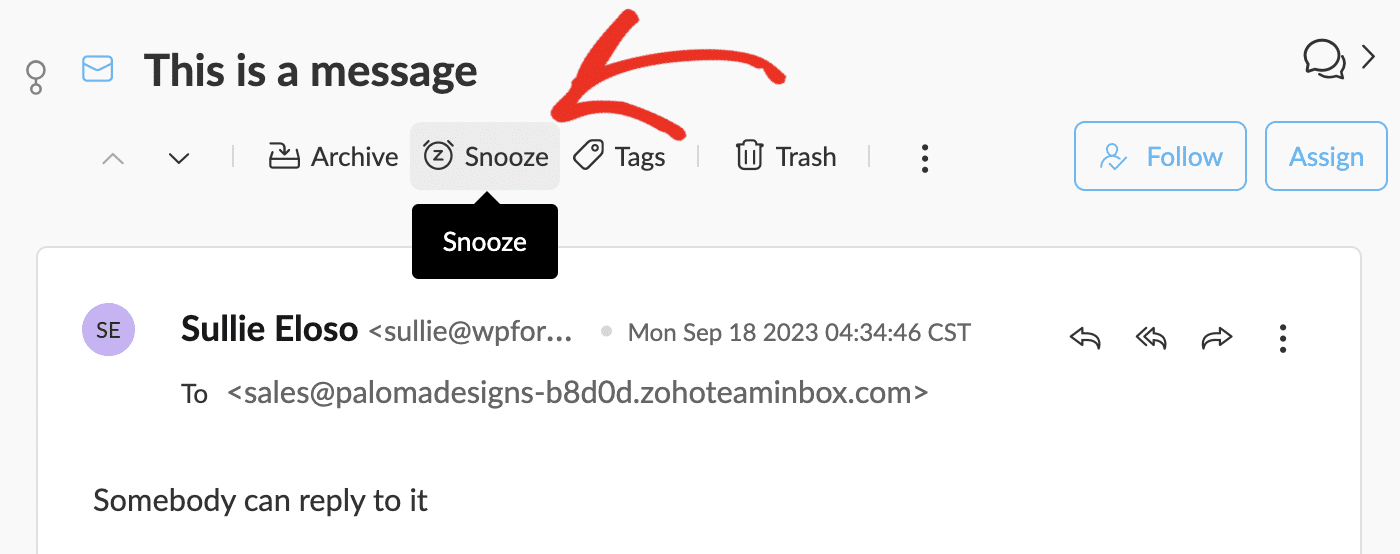 Snooze message in Zoho TeamInbox