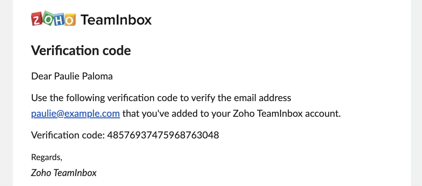 Zoho TeamInbox verification email