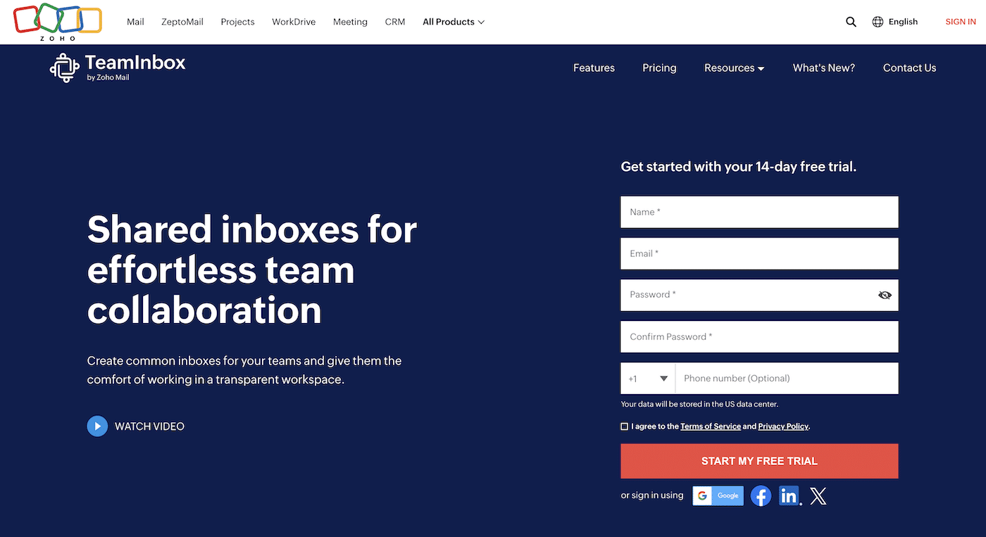 Zoho TeamInbox homepage