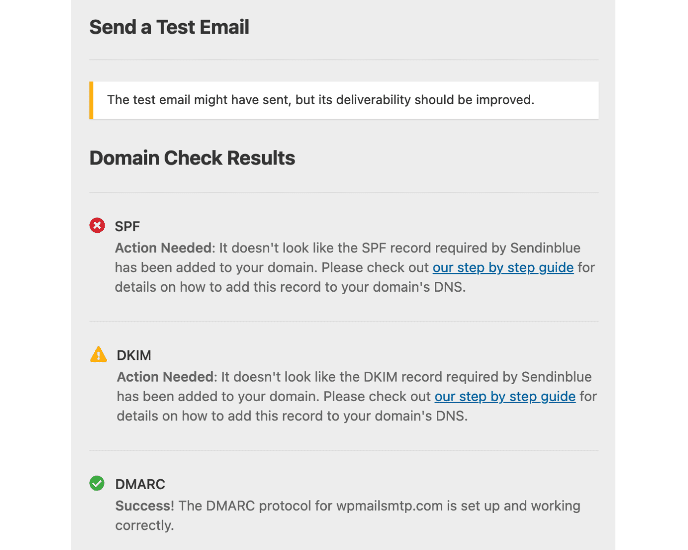 WP Mail SMTP domain check results