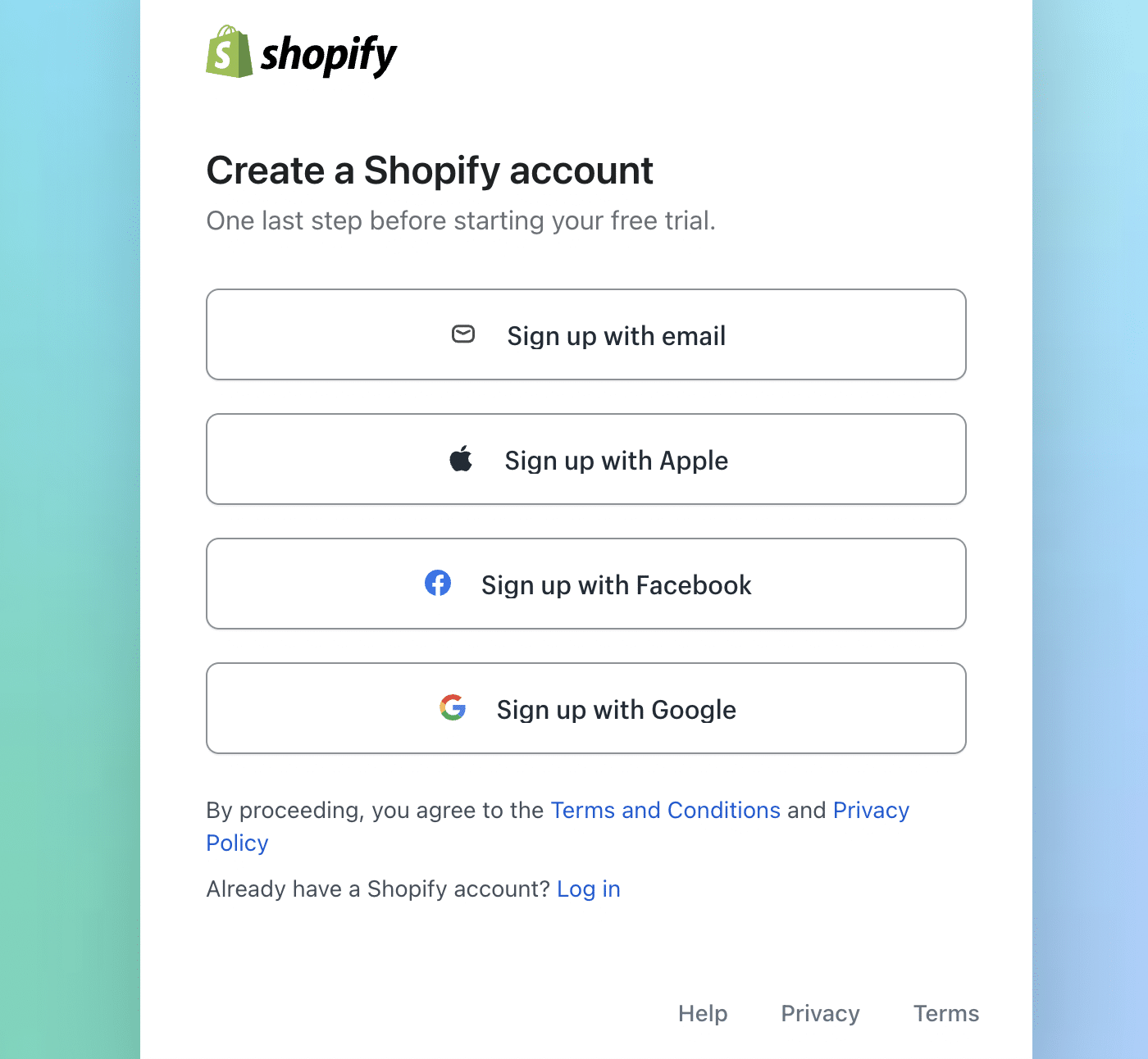 Create a Shopify account