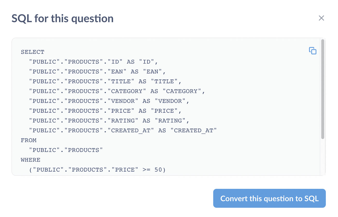 Metabase SQL query